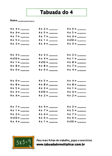 Tabuada do 4 fichas de trabalho - Tabuadademultiplicar.com