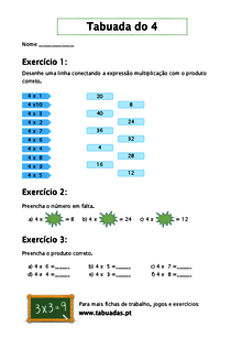 Tabuada do 4 fichas de trabalho 